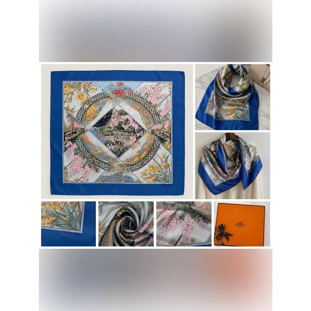 Herme's Claude Monet Giverny Garden Blue Pink Silk Scarf 35" square 1989 NIB - Picture 6 of 16